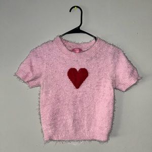 Pink Heart Cropped Short Sleeve Sweater [ DollsKill ]